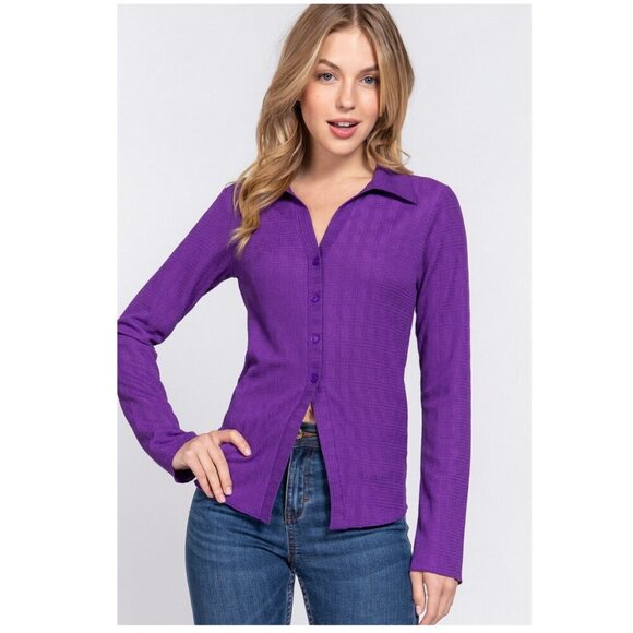 Long Sleeve Button Down Textured Knit Shirt in Purple - Picture 2 of 9
